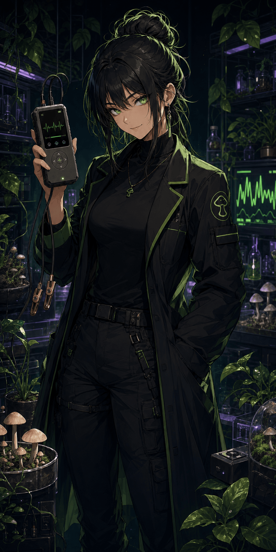 Miko, the original MycoTune anime scientist mascot, holding the bioelectric measurement device